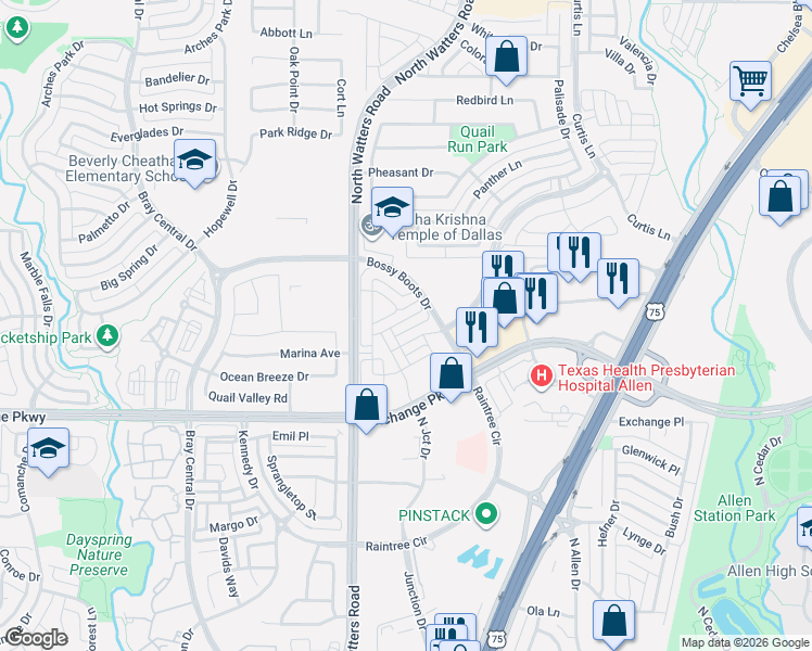 map of restaurants, bars, coffee shops, grocery stores, and more near 1027 Splitrock Drive in Allen