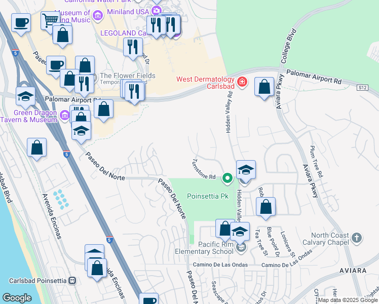 map of restaurants, bars, coffee shops, grocery stores, and more near 6150 Yarrow Drive in Carlsbad