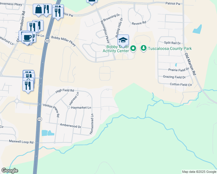 map of restaurants, bars, coffee shops, grocery stores, and more near 9660 Charolais Drive in Tuscaloosa