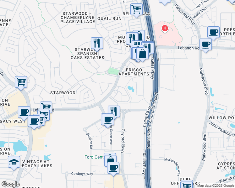 map of restaurants, bars, coffee shops, grocery stores, and more near 408 Rose Hill Lane in Frisco