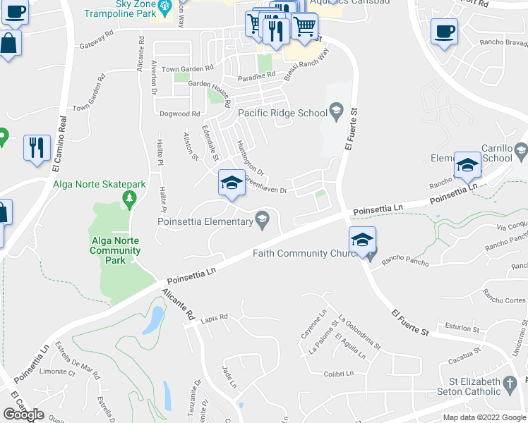 map of restaurants, bars, coffee shops, grocery stores, and more near 2417 Mica Road in Carlsbad