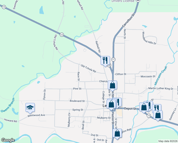 map of restaurants, bars, coffee shops, grocery stores, and more near Old Tchula Road in Lexington