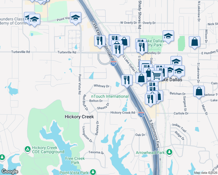 map of restaurants, bars, coffee shops, grocery stores, and more near 122 Whitney Drive in Lake Dallas