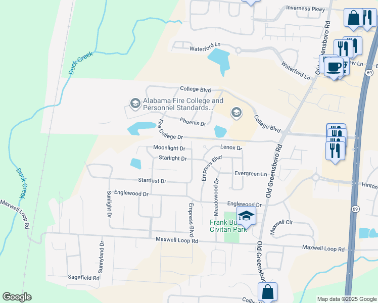 map of restaurants, bars, coffee shops, grocery stores, and more near 9701 Moonlight Drive in Tuscaloosa