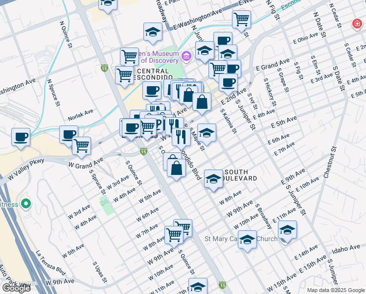 map of restaurants, bars, coffee shops, grocery stores, and more near 300 South Escondido Boulevard in Escondido