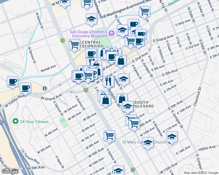 map of restaurants, bars, coffee shops, grocery stores, and more near 300 South Escondido Boulevard in Escondido