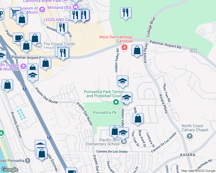 map of restaurants, bars, coffee shops, grocery stores, and more near 6451 Merlin Drive in Carlsbad