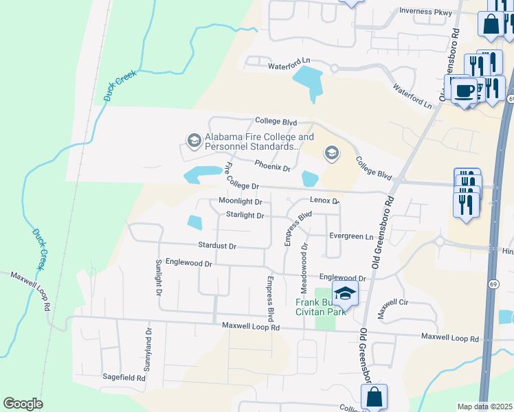 map of restaurants, bars, coffee shops, grocery stores, and more near 9701 Moonlight Drive in Tuscaloosa