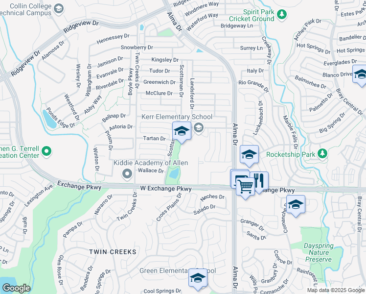 map of restaurants, bars, coffee shops, grocery stores, and more near 1325 Glendover Drive in Allen