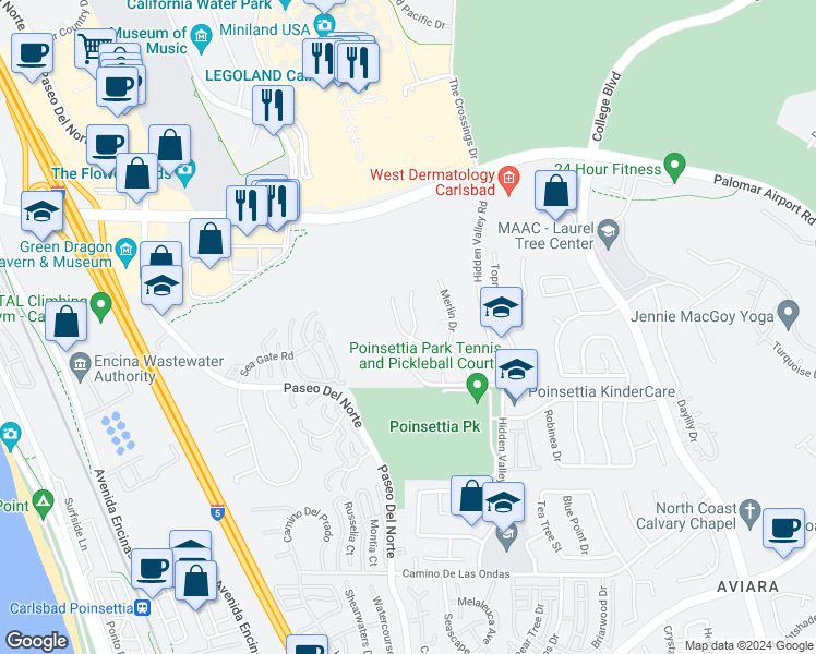 map of restaurants, bars, coffee shops, grocery stores, and more near 1011 Turnstone Road in Carlsbad
