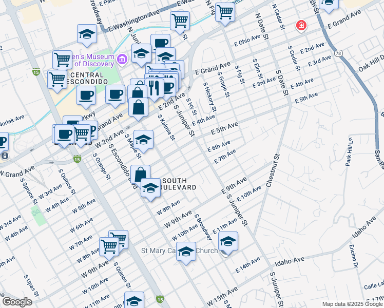 map of restaurants, bars, coffee shops, grocery stores, and more near 228 E 6th Ave in Escondido