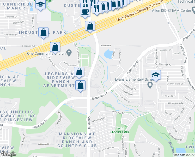 map of restaurants, bars, coffee shops, grocery stores, and more near Kathryn Lane in Plano