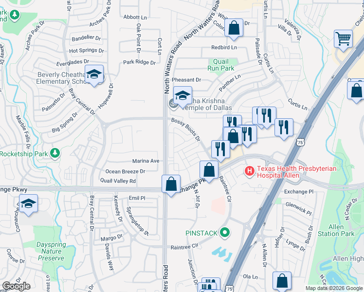 map of restaurants, bars, coffee shops, grocery stores, and more near 1150 North Watters Road in Allen