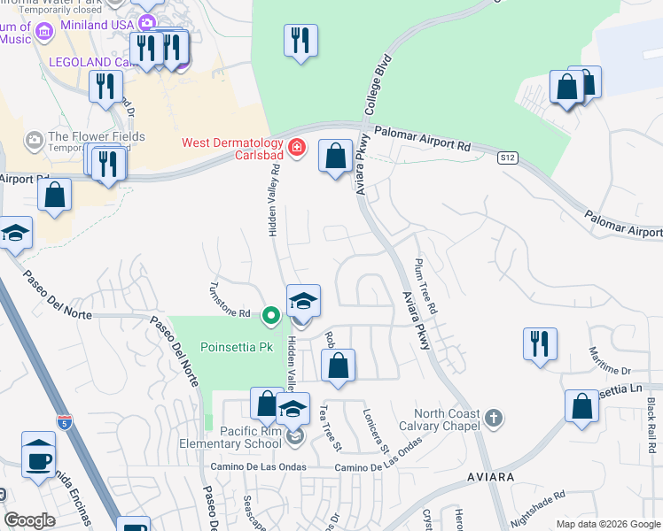 map of restaurants, bars, coffee shops, grocery stores, and more near 6415 Calmeria Place in Carlsbad