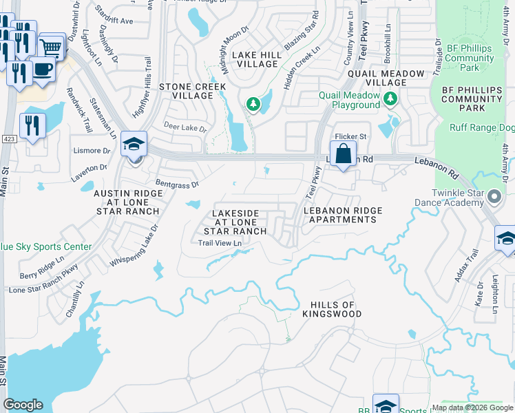 map of restaurants, bars, coffee shops, grocery stores, and more near 1760 Sandstone in Frisco