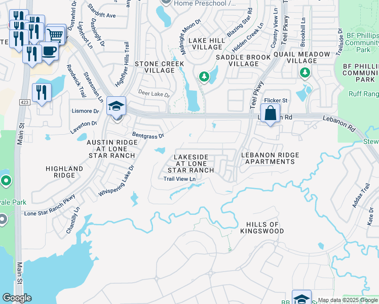map of restaurants, bars, coffee shops, grocery stores, and more near 1568 Sandstone Drive in Frisco