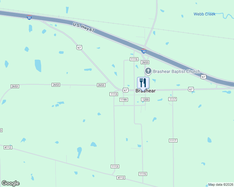 map of restaurants, bars, coffee shops, grocery stores, and more near 13 County Road 1113 in Brashear