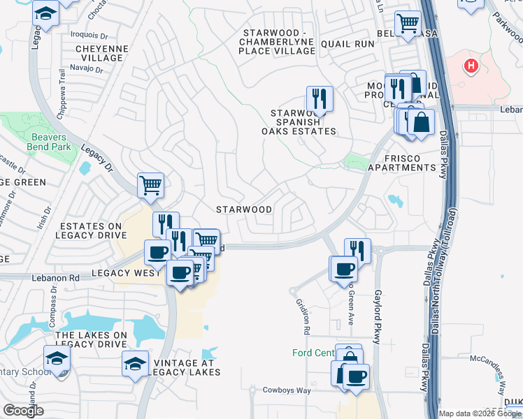 map of restaurants, bars, coffee shops, grocery stores, and more near 6008 Hackberry Court in Frisco