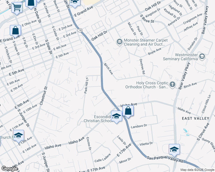 map of restaurants, bars, coffee shops, grocery stores, and more near 1116 San Pasqual Valley Road in Escondido
