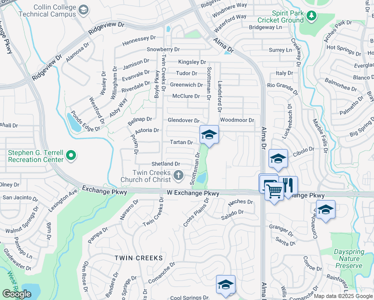 map of restaurants, bars, coffee shops, grocery stores, and more near 1412 Lomond Court in Allen