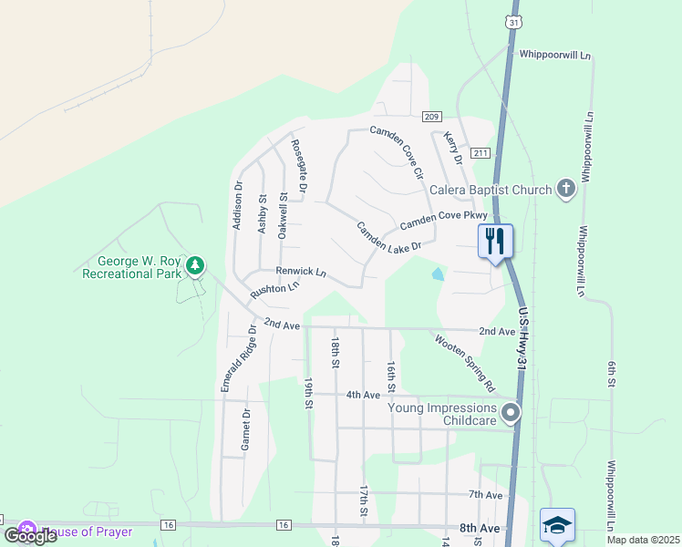 map of restaurants, bars, coffee shops, grocery stores, and more near 105 Hermitage Lane in Calera