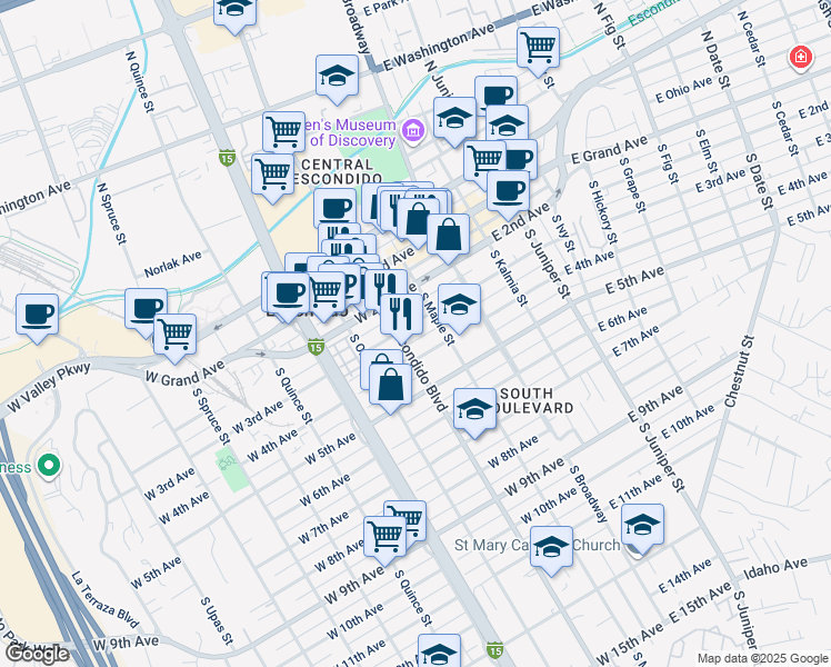 map of restaurants, bars, coffee shops, grocery stores, and more near 300 South Escondido Boulevard in Escondido