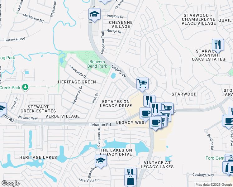 map of restaurants, bars, coffee shops, grocery stores, and more near 4738 Parkside Dr in Frisco
