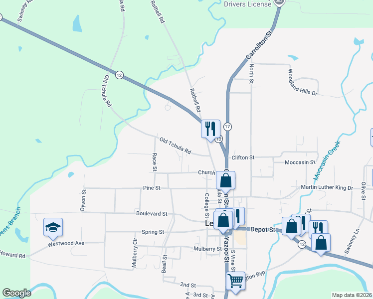 map of restaurants, bars, coffee shops, grocery stores, and more near 72 Old Tchula Road in Lexington