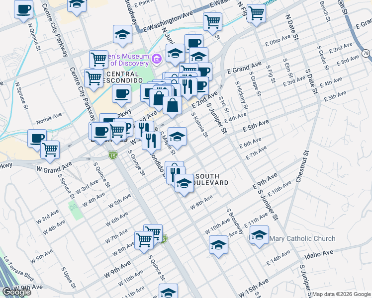 map of restaurants, bars, coffee shops, grocery stores, and more near 434 South Broadway in Escondido