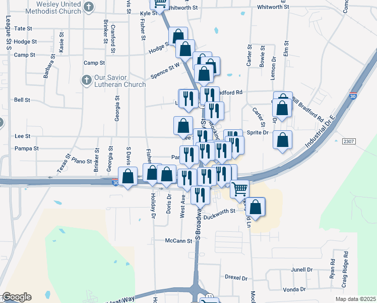 map of restaurants, bars, coffee shops, grocery stores, and more near 219 Parkins Street in Sulphur Springs