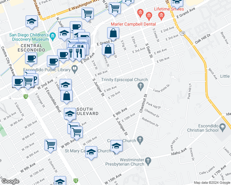 map of restaurants, bars, coffee shops, grocery stores, and more near 440 East 7th Avenue in Escondido