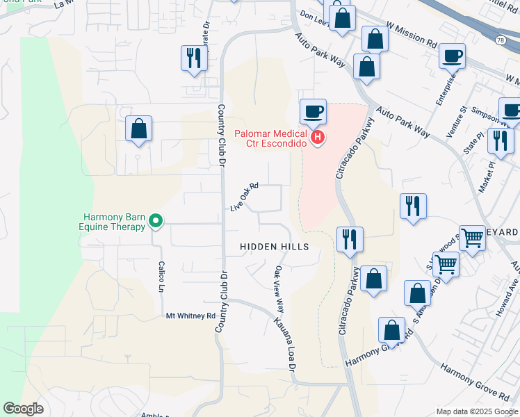 map of restaurants, bars, coffee shops, grocery stores, and more near 962 Chardonney Way in Escondido