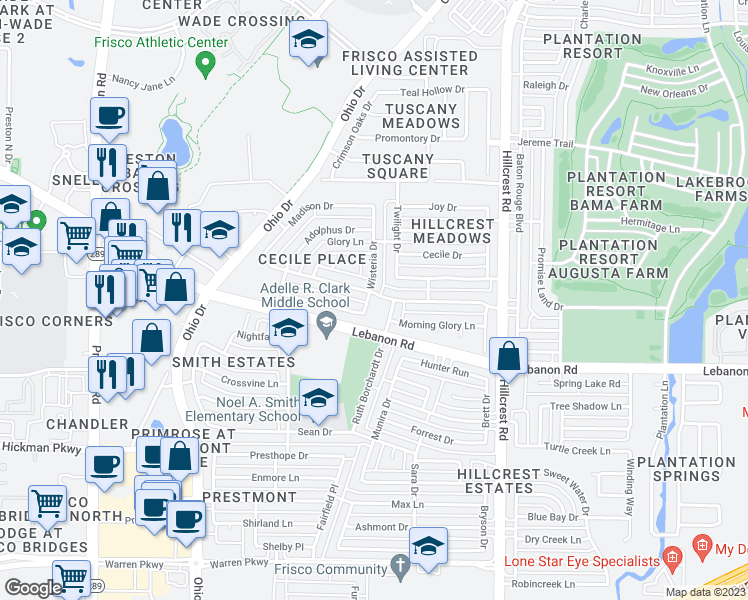 map of restaurants, bars, coffee shops, grocery stores, and more near 4812 Wisteria Drive in Frisco