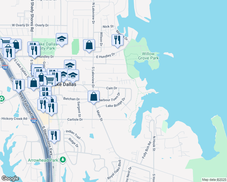 map of restaurants, bars, coffee shops, grocery stores, and more near 405 Lakeway Drive in Lake Dallas