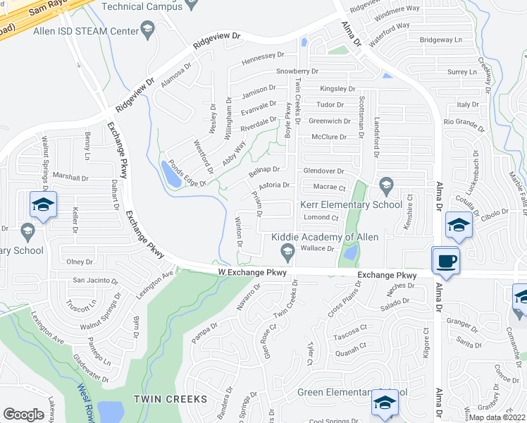 map of restaurants, bars, coffee shops, grocery stores, and more near 1512 Whistle Brook Drive in Allen