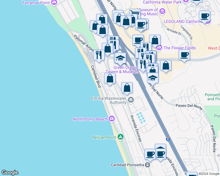 map of restaurants, bars, coffee shops, grocery stores, and more near 6536 Oceanview Drive in Carlsbad