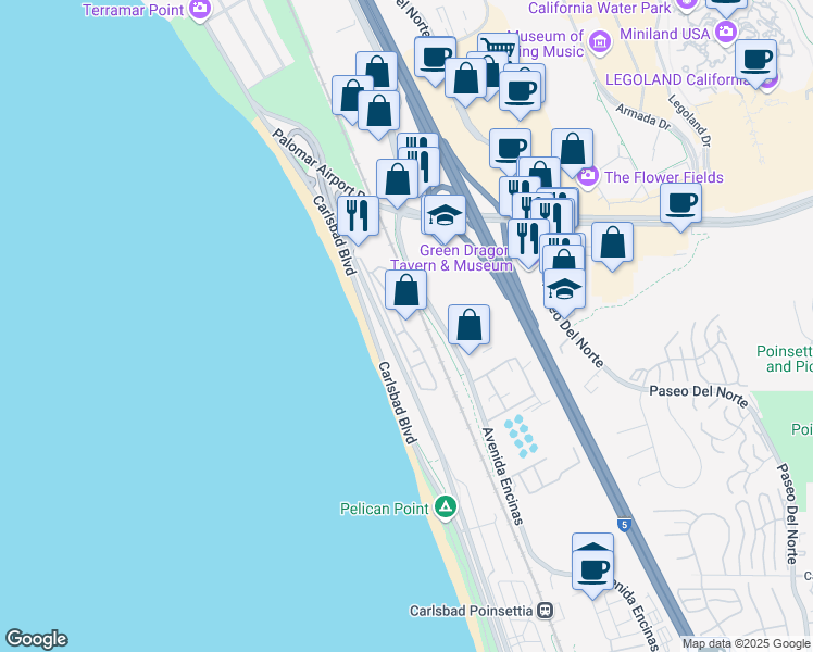 map of restaurants, bars, coffee shops, grocery stores, and more near 6510 Easy Street in Carlsbad