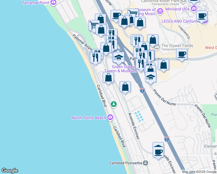 map of restaurants, bars, coffee shops, grocery stores, and more near 6506 Oceanview Drive in Carlsbad