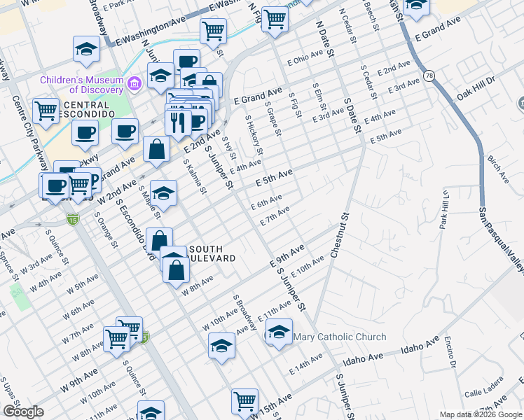 map of restaurants, bars, coffee shops, grocery stores, and more near 307 East 6th Avenue in Escondido