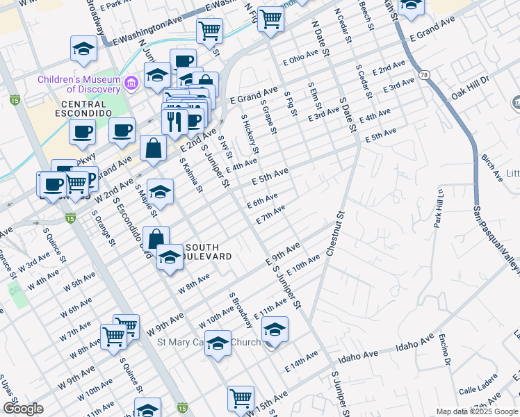 map of restaurants, bars, coffee shops, grocery stores, and more near 433 East 6th Avenue in Escondido