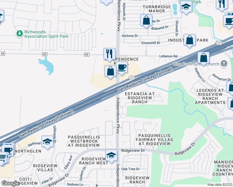 map of restaurants, bars, coffee shops, grocery stores, and more near Texas 121 & Independence Parkway in Plano