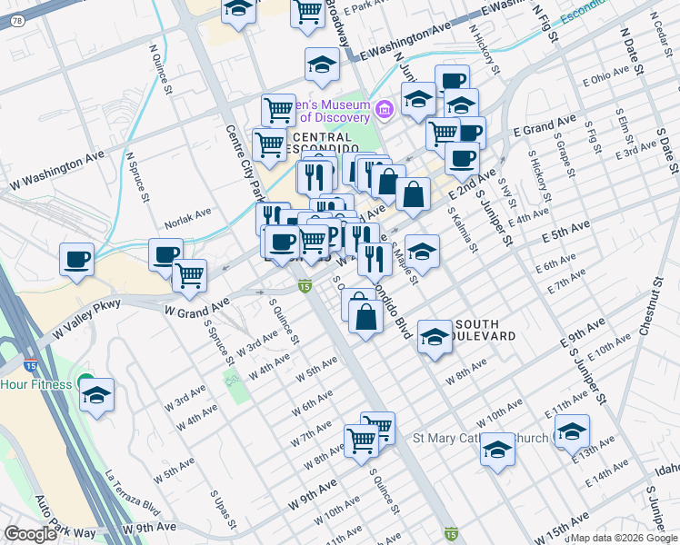 map of restaurants, bars, coffee shops, grocery stores, and more near 365 West 2nd Avenue in Escondido