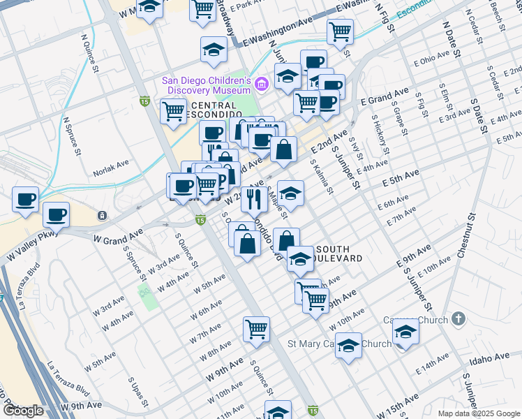 map of restaurants, bars, coffee shops, grocery stores, and more near 265 West 3rd Avenue in Escondido