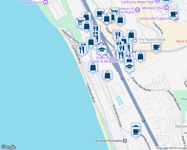 map of restaurants, bars, coffee shops, grocery stores, and more near 6536 Oceanview Drive in Carlsbad