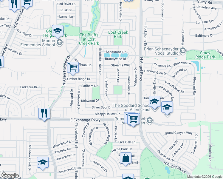 map of restaurants, bars, coffee shops, grocery stores, and more near 1545 Sandlewood Drive in Allen