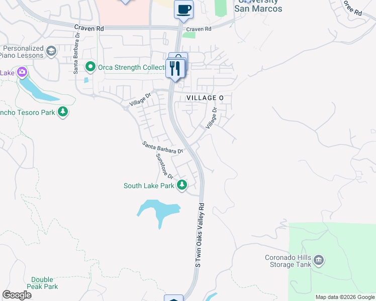map of restaurants, bars, coffee shops, grocery stores, and more near 1249 South Twin Oaks Valley Road in San Marcos