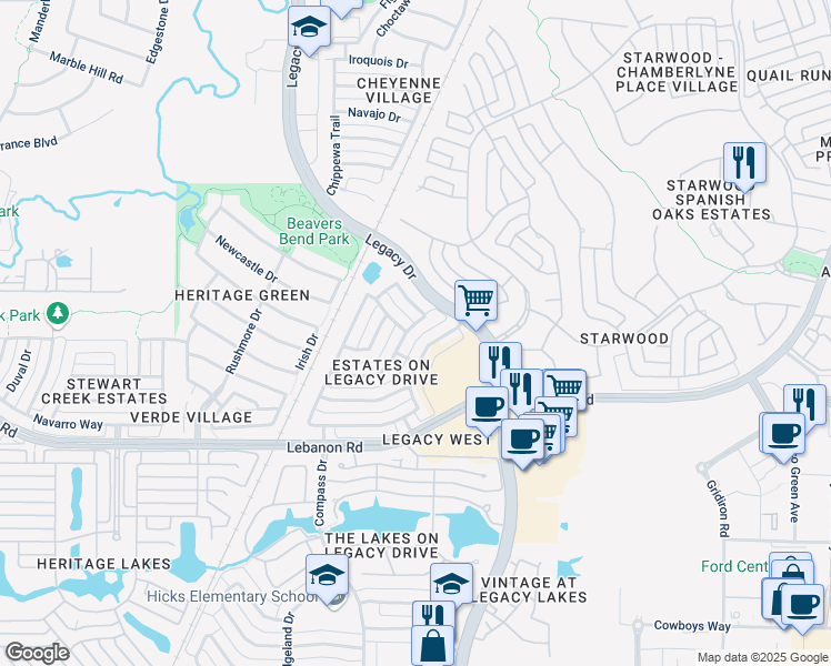 map of restaurants, bars, coffee shops, grocery stores, and more near 5201 Oakhurst Lane in Frisco