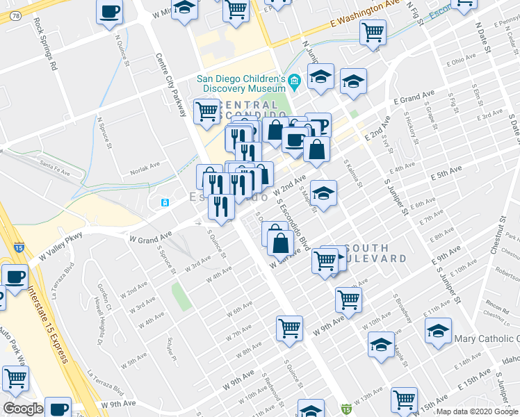map of restaurants, bars, coffee shops, grocery stores, and more near 365 West 2nd Avenue in Escondido
