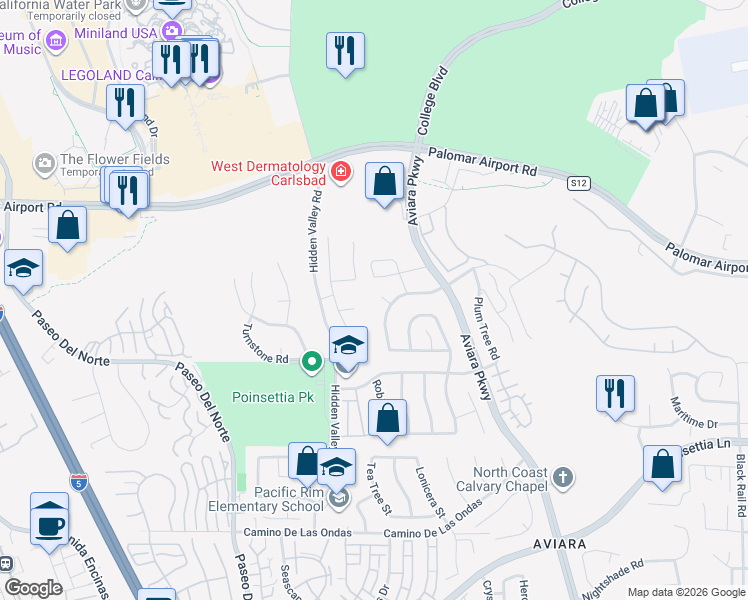 map of restaurants, bars, coffee shops, grocery stores, and more near 6407 Calmeria Place in Carlsbad
