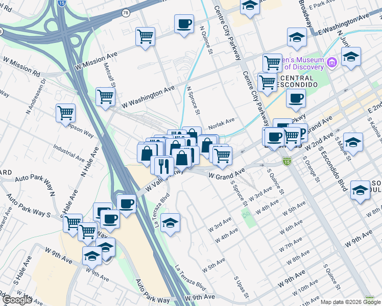 map of restaurants, bars, coffee shops, grocery stores, and more near 830 West Valley Parkway in Escondido